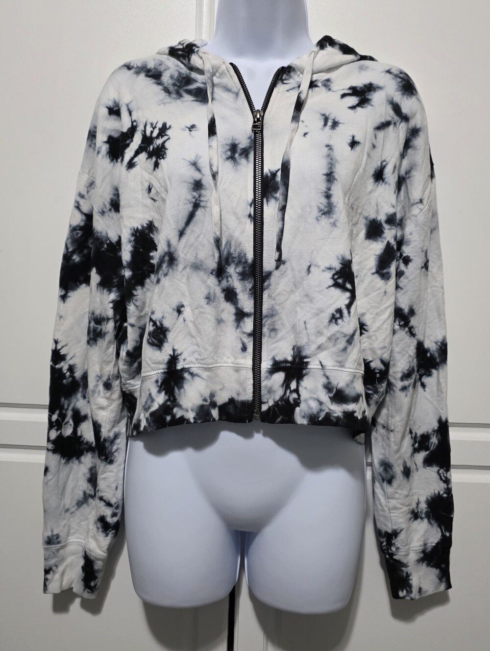 Sundown by Splendid Womens Black White Tie Dye Zip Up Cropped Hoodie Size Large